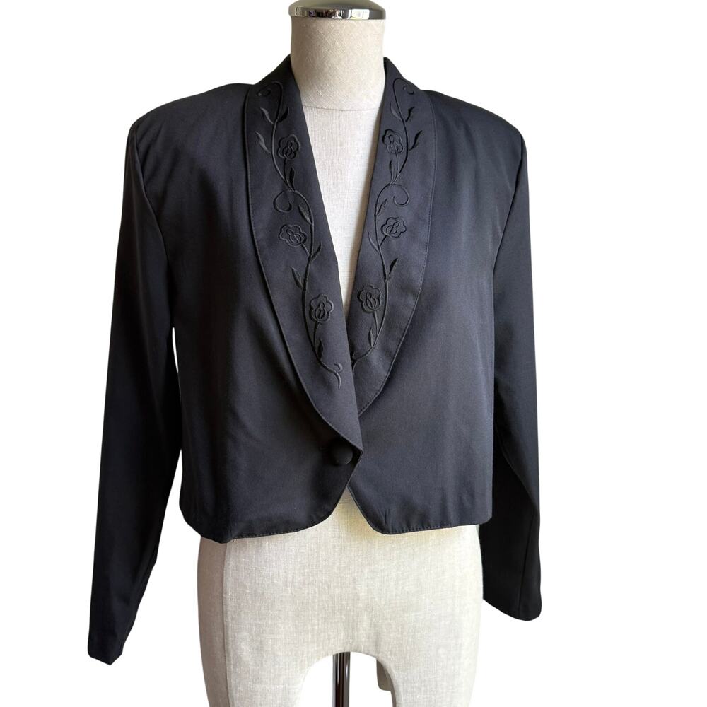 Just Maggie Black Cropped Blazer Embroidered Lapel Women’s S Made in USA
